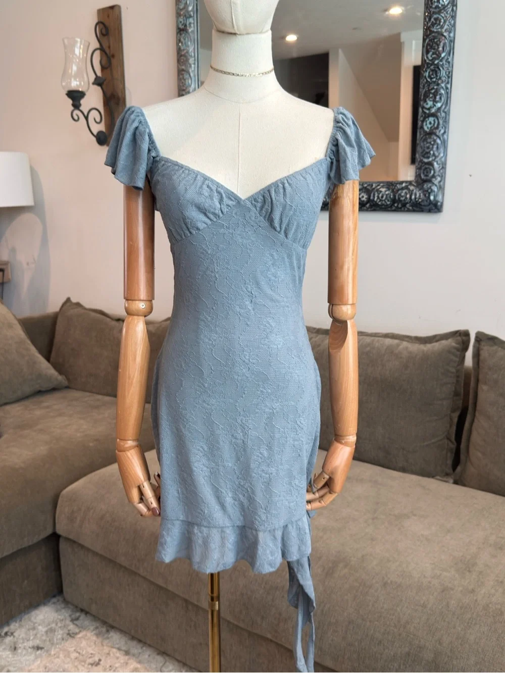 WeWoreWhat Asymmetrical Lace Mini Dress Dusty Blue | Size M - Picture 9 of 13